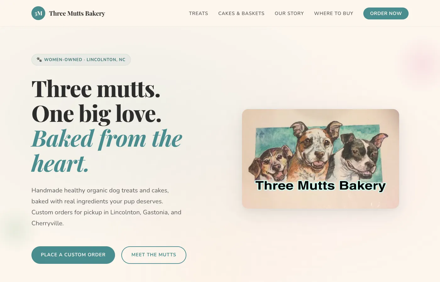 Three Mutts Bakery organic dog treats website designed by Coastform Studio